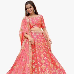 Coral Pink Lehenga Choli Set with Gold Embroidery, Bridal Lengha with Dupatta